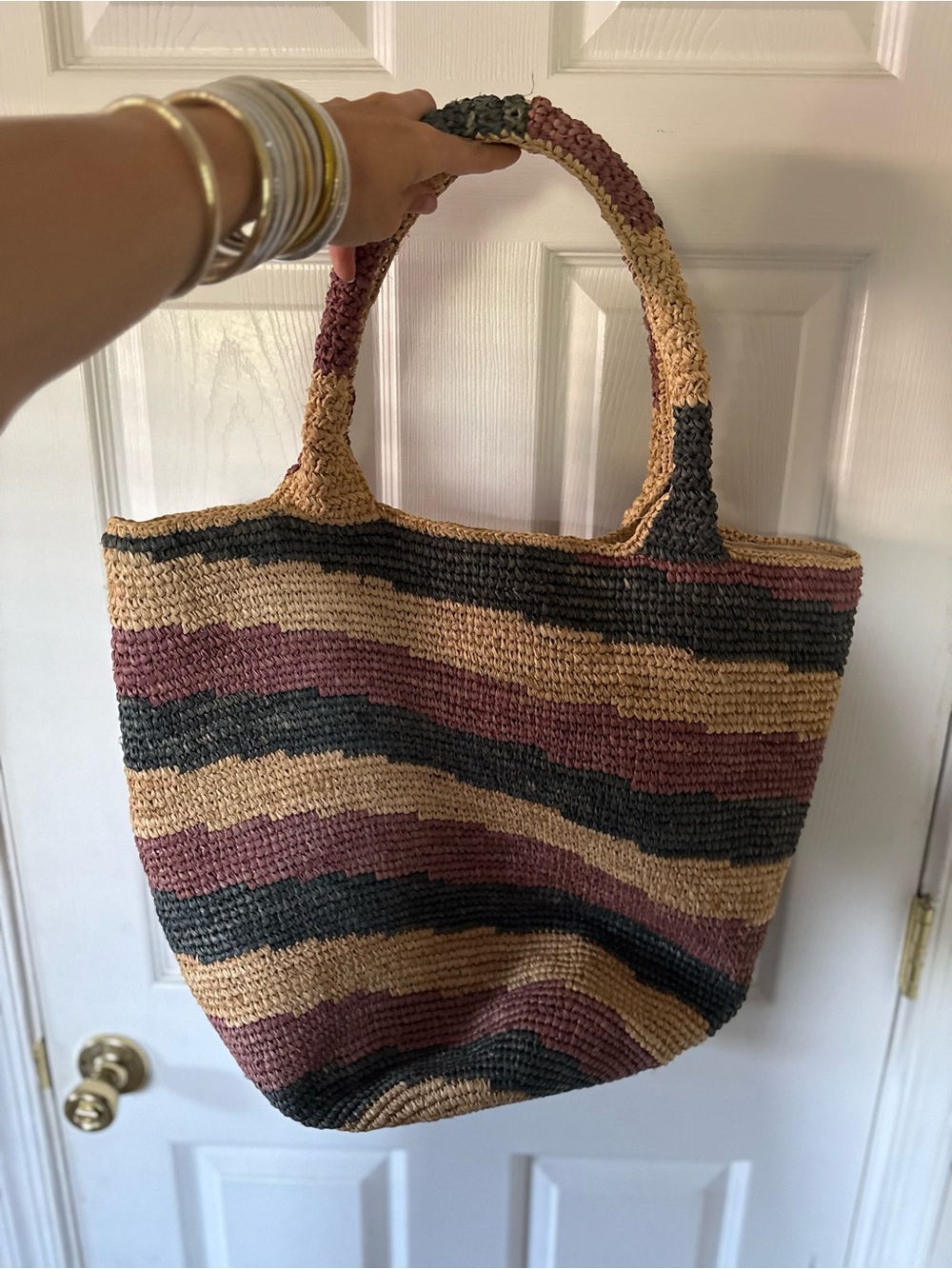 Haute Hippie Striped Woven Tote in Tan, Black & Purple
